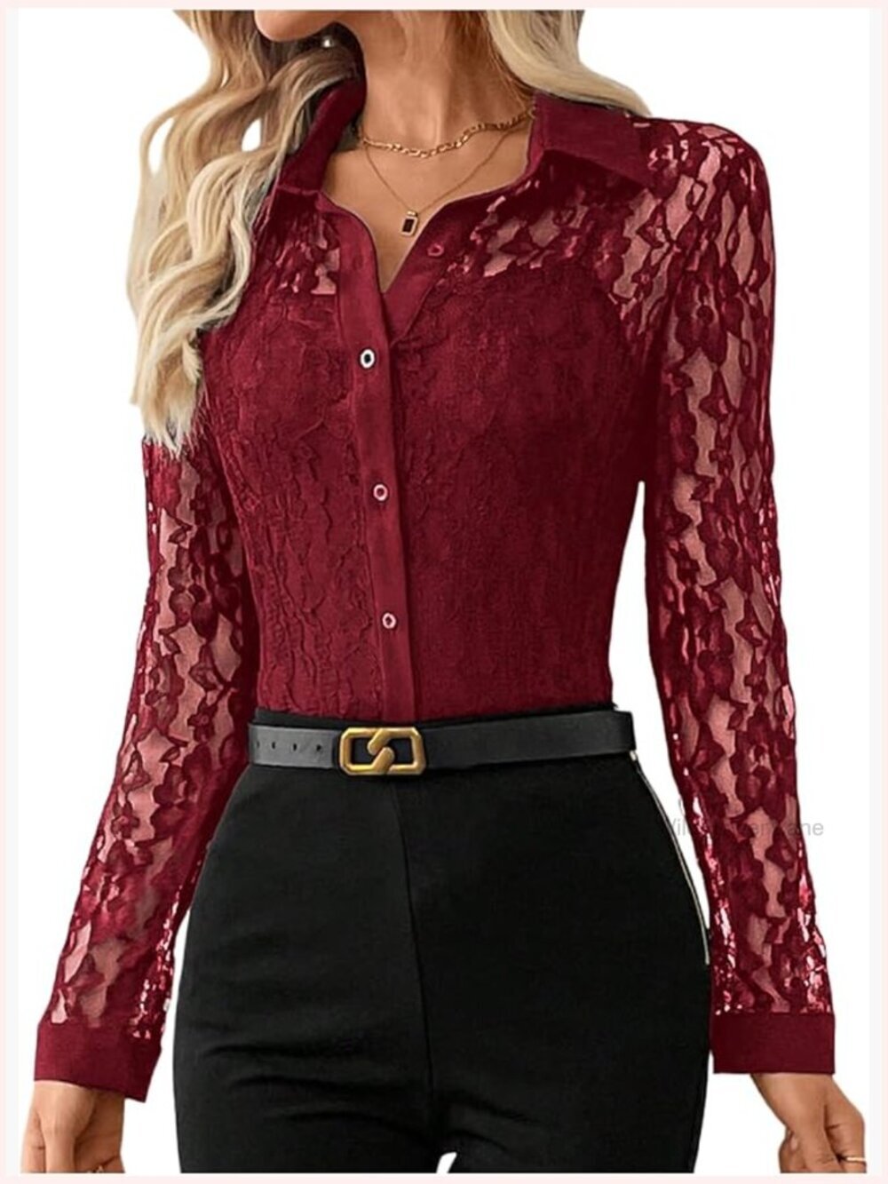 Sheer Lace Button Down Blouse Long Sleeve Collared Shirt Old Money